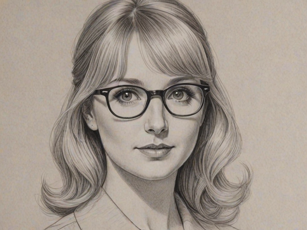 Wonderful Melissa Rauch, pencil sketch, portrait of Fetching woman 1944s in glasses, hair style beatnik, outline, clear lines, fine lines, 8k