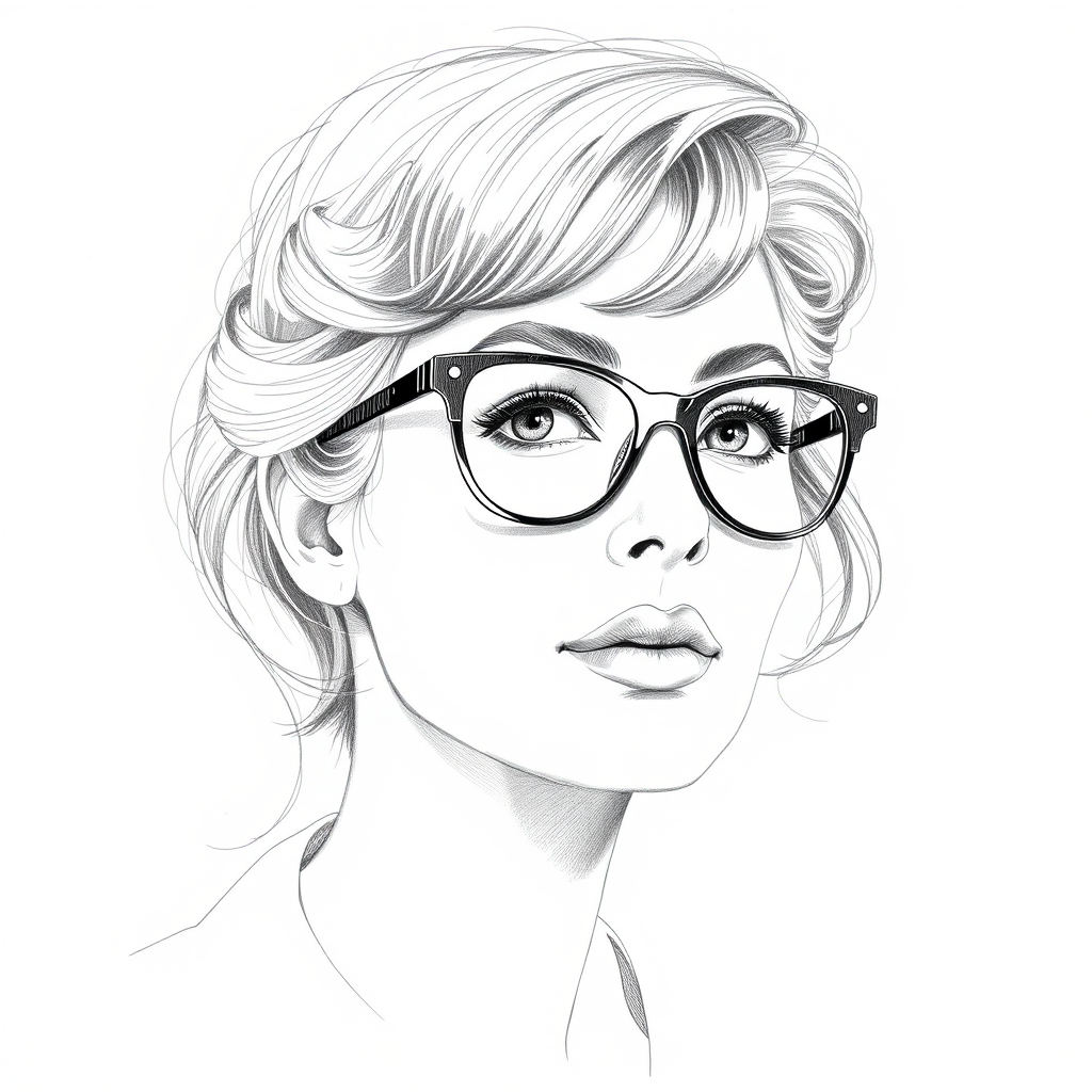 Beautiful Sophia Loren, pencil sketch, portrait of beautiful woman 60s in glasses, hair style beatnik, outline, clear lines, fine lines, 8k