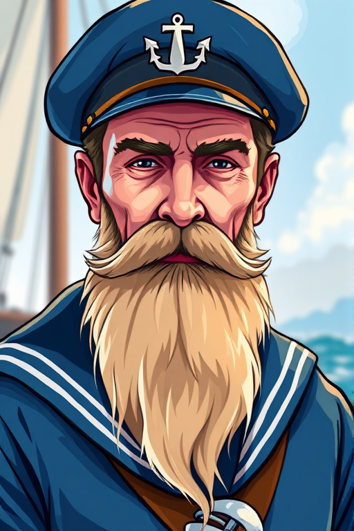 Create an illustration of a sailor with a long beard and a navy hat, using a high-resolution digital art style, with a focus on vibrant colors and sharp lines, captured in a frontal view with a soft focus background, resembling a digital painting created with a Wacom tablet, 300 DPI.