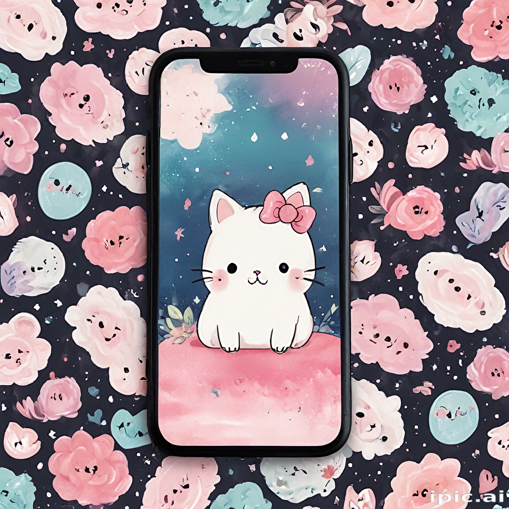 Adorable Cartoon Cat with Bow on Phone Surrounded by Colorful Flowers