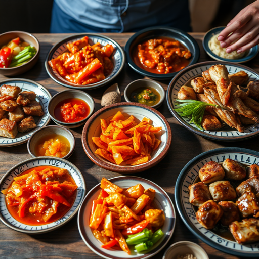 Generate an image of a beautifully arranged Korean feast with vibrant flavors, featuring plates of kimchi, pickled vegetables, and grilled meats, captured with a Canon EOS R5, 50mm f/1.2 lens, ISO 100, aperture f/2.8, natural lighting from the side for soft shadows and enhanced colors.