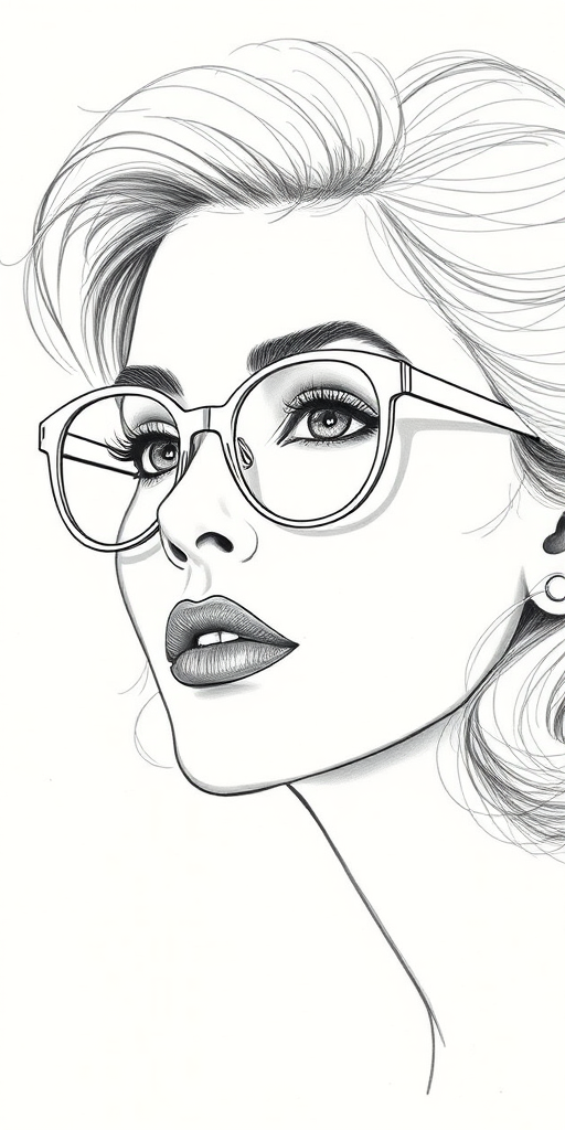 Beautiful Sophia Loren, pencil sketch, portrait of beautiful woman 60s in glasses, hair style beatnik, outline, clear lines, fine lines, 8k