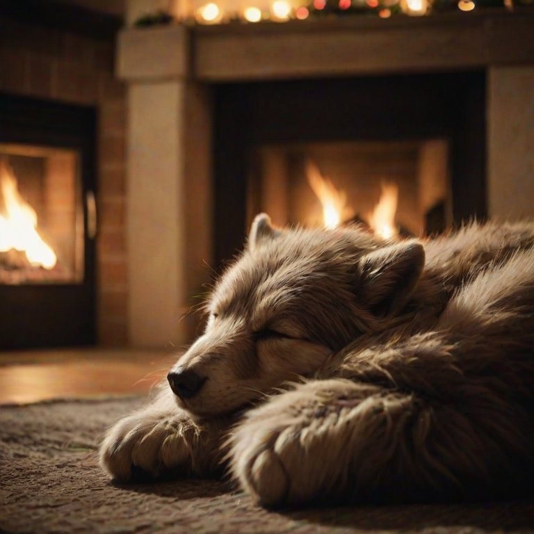 solo, furry, creature, cute, sleeping, next to a fireplace, interior, winter, christmas, depth of field, highly detailed, high contrast, film grain, Rim Lighting