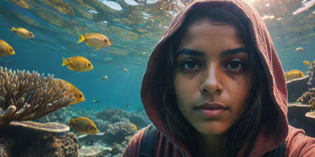 Realistic selfie image of a Sri Lankan, wearing a vintage outfit, detailed dreamy eyes, droopy hooded eyes, staring at the camera, taken underwater at coral reef with a sunbeam filtering through the water, vibrant, summer vacation, natural lighting, turtle and school of tropical fish with vibrant colors, rendered in the style of CryEngine, Pegi Nicol MacLeod, with realistic genre scenes, hauntingly beautiful narratives, ultra-realism, and Thomas Saliot's close-up technique, 8K resolution, crystal clear and sparkling water.