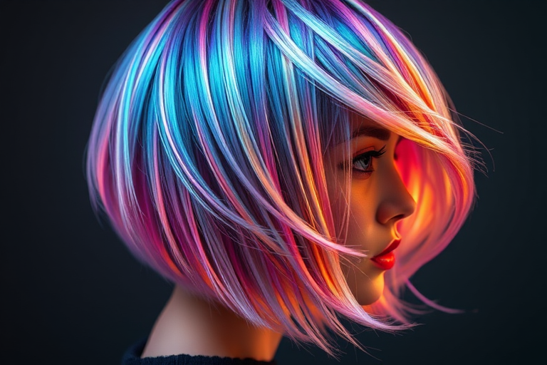 Mesmerizing holographic hair shifting colors with every movement, styled in a sleek bob cut, creating a futuristic illusion, named "Spectrum Shift"