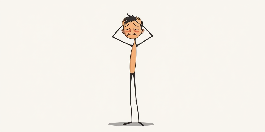 Create an illustration of a thin, tall stick figure with a distressed expression, standing with its hands on its head, in a minimalist style, using a high-resolution digital art technique, 300 DPI, with a soft focus effect, captured from a slightly low angle to emphasize height and emotion.