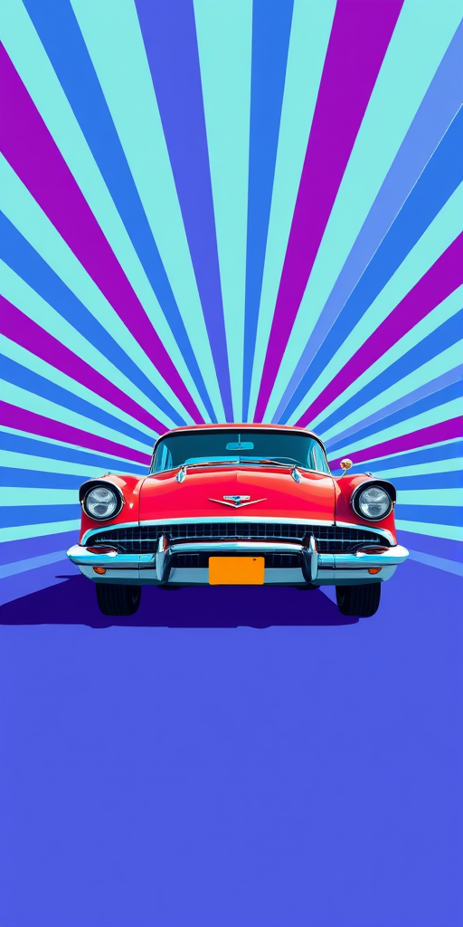 Create a vibrant digital illustration of a retro car with a dynamic background featuring bold, radiating stripes in shades of blue and purple, using high contrast and vivid colors, captured with a DSLR camera, 35mm lens, f/2.8 aperture, ISO 100, and a wide-angle view for enhanced depth and clarity.
