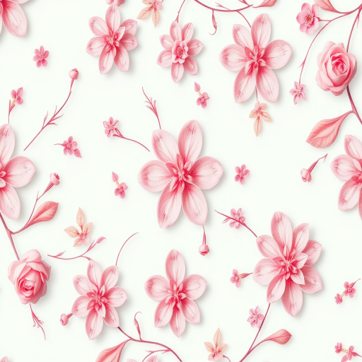 Create a high-resolution floral decorative pattern with soft pink and pastel colors in a light background, captured with a DSLR camera using a 50mm lens, aperture f/2.8, ISO 100, with a slightly blurred background for depth.