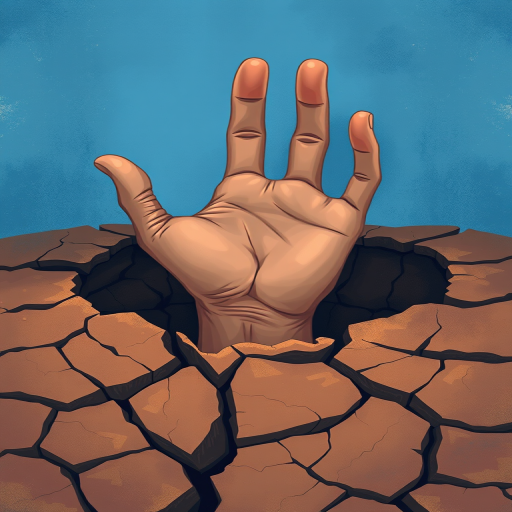 illustration of a human hand emerging from cracked earth, a contemplative expression on the face, surrounded by abstract blue background, use Canon EOS R5 with 50mm f/1.2 lens, aperture f/8, ISO 100, soft lighting for enhanced texture and color saturation, digital art style