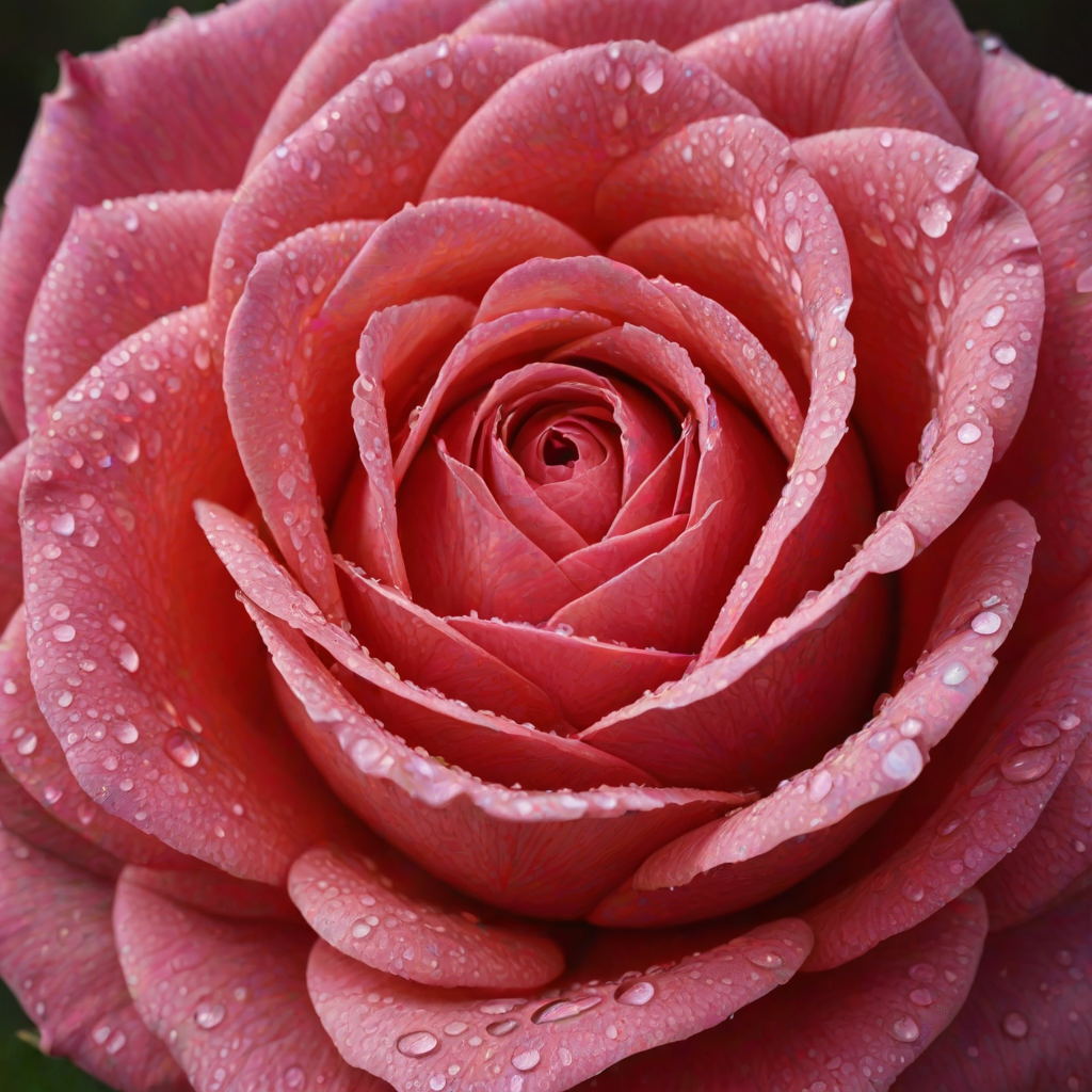Create an image of a single rose with dew drops on its petals. The rose should be in full bloom and the background should be blurred with a hint of greenery. The rose should be captured from a side angle, showcasing its vibrant color and intricate petal structure.