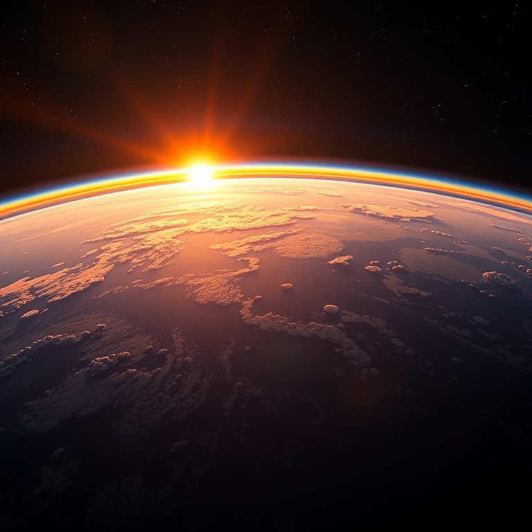 A breathtaking view of Earth from space during sunrise, showcasing the glowing horizon with vibrant colors, stars scattered in the background, captured with a DSLR camera, 35mm lens, f/8 aperture, ISO 100, 1/200s shutter speed, using a wide-angle perspective for enhanced depth.
