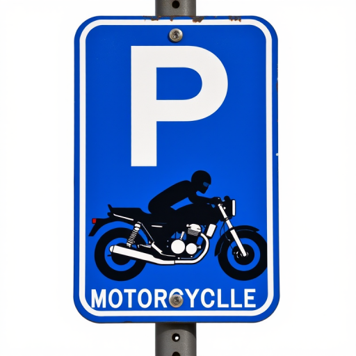 Create a high-resolution image of a parking sign for motorcycles featuring a bold blue background with a large white letter "P" at the top and a black silhouette of a motorcycle with a rider underneath, captured using a DSLR camera with a 50mm lens, aperture set to f/2.8 for a shallow depth of field, and taken from a straight-on view to enhance clarity and focus.