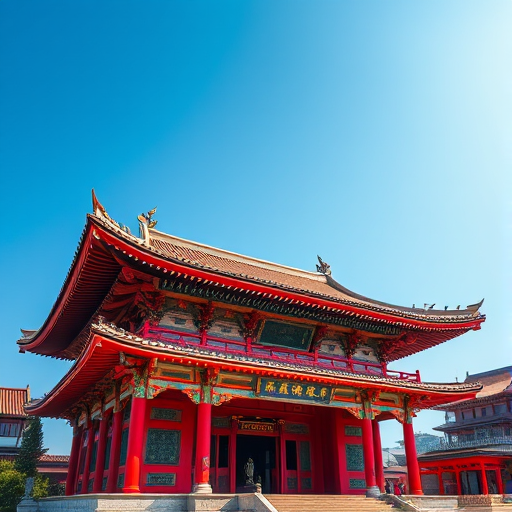 Generate a high-resolution image of a traditional Asian temple with vibrant red and intricate architectural details under a clear blue sky, taken with a DSLR camera at f/8 aperture, 1/250s shutter speed, ISO 200, wide-angle lens, from a frontal view.