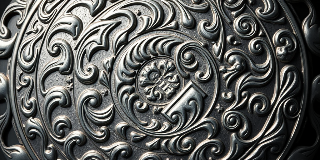 Create a highly detailed image of a circular design featuring swirling patterns and intricate textures in a silver metallic finish, with soft natural lighting, using a Canon EOS R5 at f/8 aperture, ISO 100, and a 50mm lens from a top-down view.