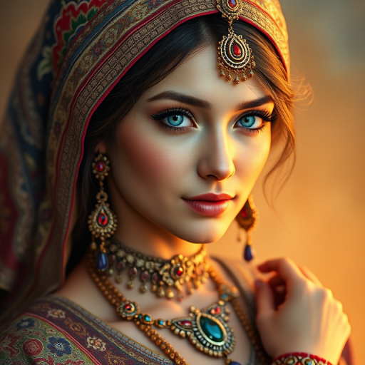 Create a portrait of a beautiful Persian woman with striking cyan eyes and a gentle expression. She is adorned in traditional attire with intricate patterns, including a richly embroidered headscarf and matching garments. Her jewelry includes a delicate headpiece, dangling earrings, and ornate bracelets, all featuring vibrant gemstones and detailed metalwork. The background is soft and warm, enhancing the rich colors of her outfit and jewelry.