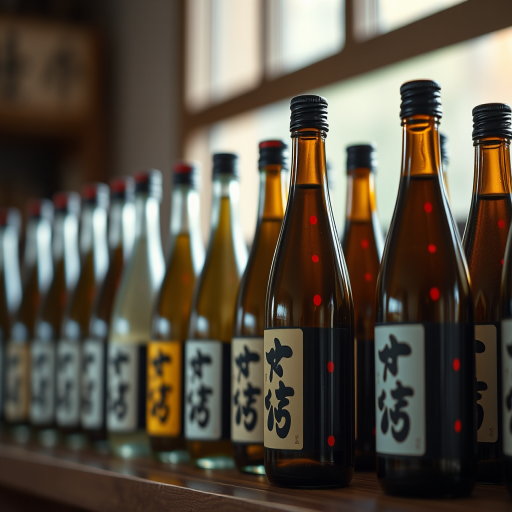Create an image of traditional Japanese sake bottles with small red dots and a minimalist style, shot with a Canon EOS R5, 50mm lens, aperture f/2.8, ISO 100, in a soft natural light setting.