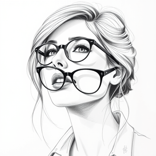 Lovely Ashley Benson, pencil sketch, portrait of Attractive woman 1960s in glasses, hair style beatnik, outline, clear lines, fine lines, 8k