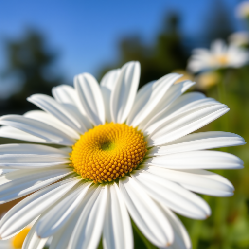 A high-resolution close-up of a white daisy with detailed petals and a bright yellow center, captured with a DSLR camera at f/2.8 aperture, 50mm lens, with natural lighting and a shallow depth of field.