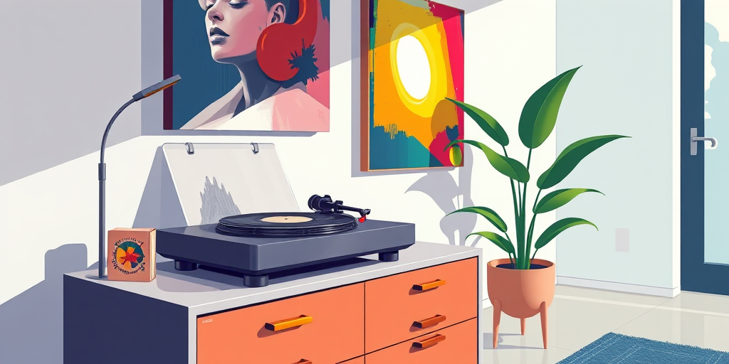 Create a vibrant illustration of a modern living room with a stylish turntable on a sleek dresser, featuring neatly stacked vinyl records, a tall potted plant, and a colorful abstract painting on the wall, in high-resolution digital art style, using a Canon EOS R5 camera with a 50mm f/1.2 lens, at f/2.8 aperture, ISO 100, and 1/125 sec shutter speed for enhanced clarity and detail.