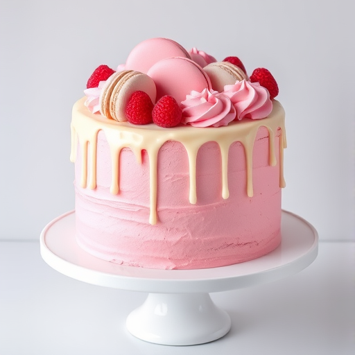 Create a beautiful pink cake with layers of pink frosting and a smooth white chocolate drip on top. Decorate the cake with pink macarons, swirls of pink buttercream, and fresh raspberries for an elegant touch. The cake should be presented on a white cake stand against a light gray background.