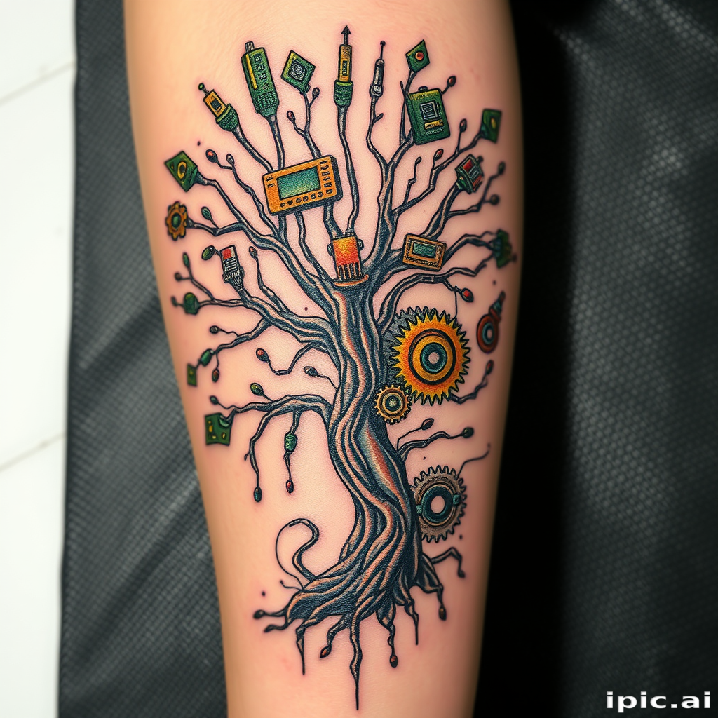 Surrealist tattoo titled "Dreamscape Fusion" merging elements of nature and technology, with a tree sprouting circuit boards and gears instead of leaves, rendered in a mix of realistic and abstract styles
