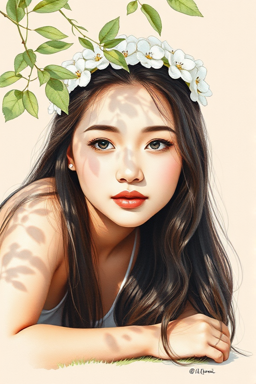 create a watercolor painting of an ethereal portrait of beautiful Tibetan woman with a simple white flower crown on her head. Her hair is long and she is lying on the ground. The sunlight on the trees casts shadows from the leaves on her face and body. The background is a neutral brown color that matches her skin tone. The image is minimalist and solid colors. This style is characterized by soft, delicate brushstrokes and a light, airy, contrasting color palette. High level of detail and play of light