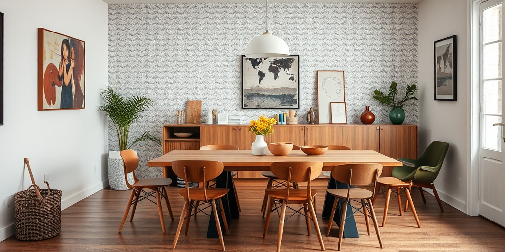 Interior scene featuring a modern dining area with a wooden table, assorted chairs, a patterned wall, and decorative items, shot with a DSLR camera at f/2.8 aperture, ISO 100, 24mm lens, in natural light for an elevated aesthetic quality.
