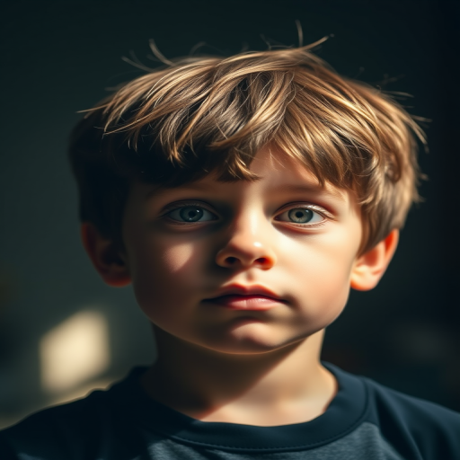 portrait of a young boy with short brown hair in a dimly lit room, soft natural light illuminating his face, shallow depth of field, 50mm f/1.8 lens, ISO 200, shutter speed 1/100, DSLR, warm tones