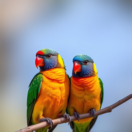 Two vibrant sun conures perched closely on a branch, shot with a DSLR camera at f/4 aperture, ISO 200, 1/250 sec shutter speed, in natural light to enhance colors and detail, using a macro lens for close-up clarity.