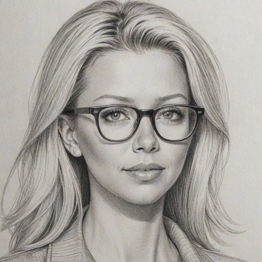 Appealing Tara Reid, pencil sketch, portrait of Splendid woman 1951s in glasses, hair style beatnik, outline, clear lines, fine lines, 8k