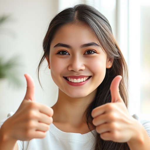 young woman smiling with two thumbs up, soft natural light, shallow depth of field, portrait photography, 50mm lens, f/1.8, ISO 100, aperture priority mode, Canon DSLR, soft focus background