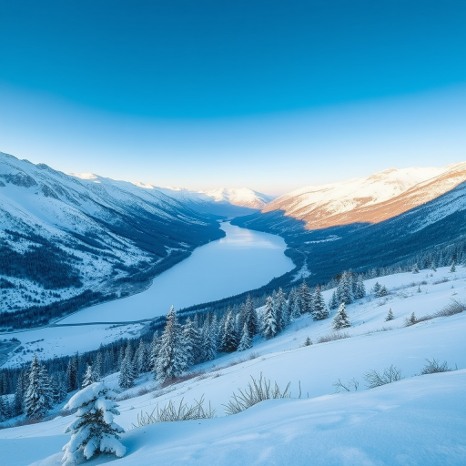 snowy mountain landscape with a frozen lake in the valley, clear blue sky, late afternoon light, camera type: DSLR, lens: 24-70mm f/2.8, settings: ISO 100, f/11, shutter speed 1/125s, perspective: wide angle from a high vantage point, slight foreground focus on snow-covered hills and trees to enhance depth