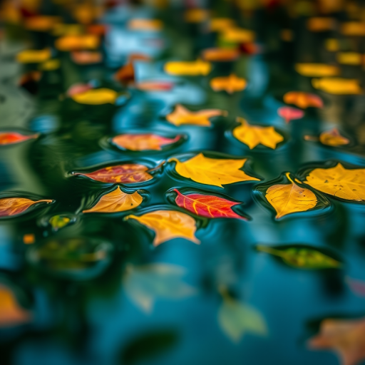 close-up shot of water surface with floating leaves and reflections, vibrant colors, macro lens, f/2.8 aperture, ISO 100, 1/200 sec shutter speed, natural light, DSLR camera