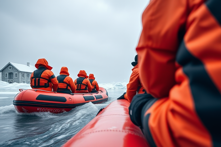 Generate an image of a group of people in orange jackets on a rubber boat in icy waters, captured from a low angle using a DSLR camera with a 24mm lens, f/8 aperture, ISO 100, natural lighting, and a sharp focus on the subjects with a slightly blurred background.