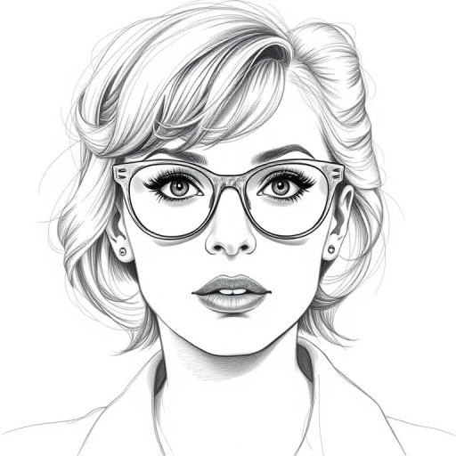 Beautiful Maggie Smith, pencil sketch, portrait of beautiful woman 60s in glasses, hair style beatnik, outline, clear lines, fine lines, 8k