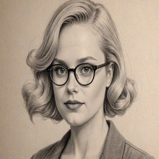 Dazzling Lauren Potter, pencil sketch, portrait of Stunning woman 1945s in glasses, hair style beatnik, outline, clear lines, fine lines, 8k