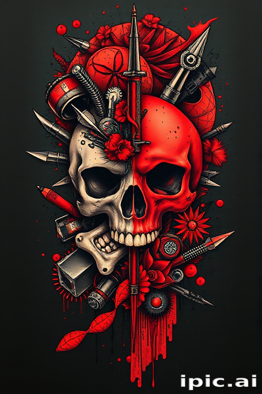 Trash polka tattoo titled "Chaos and Order" combining bold, graphic elements with photorealistic details, using a striking red and black color palette to create a dynamic and visually arresting composition with hidden symbolism