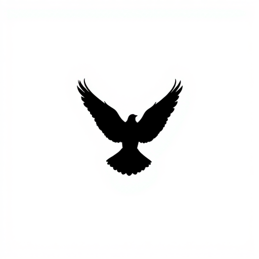 Create a high-resolution image of a minimalistic black silhouette of a bird in flight against a white background, using a DSLR camera with a 50mm lens, aperture set to f/1.8, ISO 100, and a shutter speed of 1/500s, top-down view, with soft diffused lighting to enhance clarity and contrast.