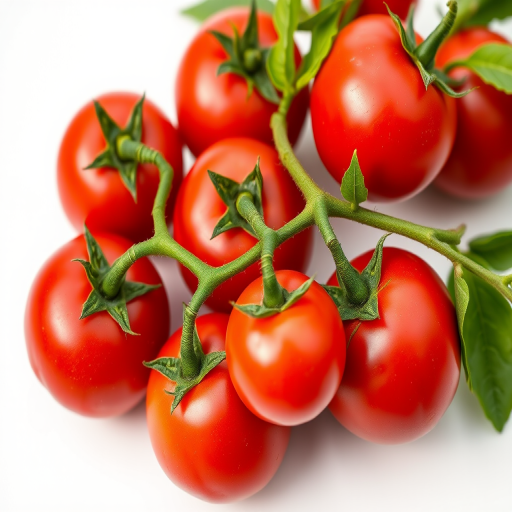A cluster of ripe red tomatoes with green leaves on a white background; close-up shot; 50mm lens; f/2.8 aperture; ISO 100; natural lighting; DSLR camera.