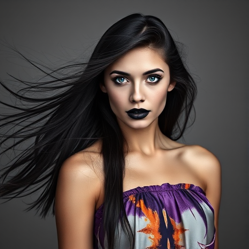 Photographic image of a beautiful young Native American woman, blue eyes, lips with black lipstick, long hair fluttering in the wind and wearing a silk strapless dress with a soft purple and orange print. monochrome image with only color highlights in the iris of the eyes, lipstick and dress. Gray background.