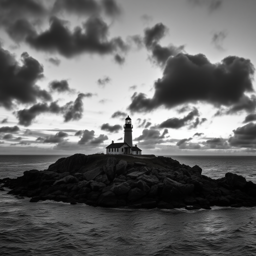 High-resolution black and white photograph of a lighthouse on a rocky island at dusk, with dramatic clouds overhead, taken with a Canon EOS R5, 50mm lens, f/8 aperture, ISO 100, 1/125 sec shutter speed, with a panoramic view for enhanced clarity and detail.