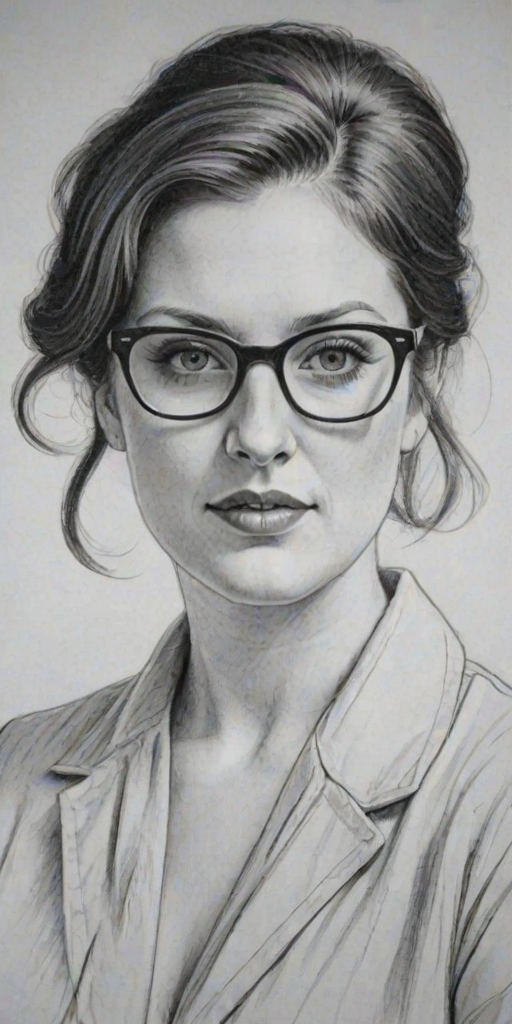 Wonderful Allison Tolman, pencil sketch, portrait of Wonderful woman 1954s in glasses, hair style beatnik, outline, clear lines, fine lines, 8k