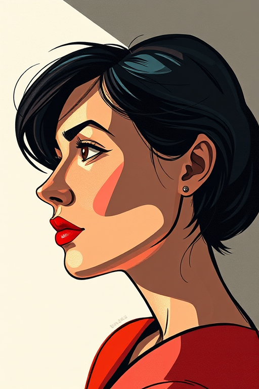 Create a high-resolution, side-profile portrait illustration in the style of Cubism, using a Canon EOS R5 with a 50mm f/1.2 lens, aperture set to f/8, ISO 100, and a soft natural light setting for enhanced contrast and detail.