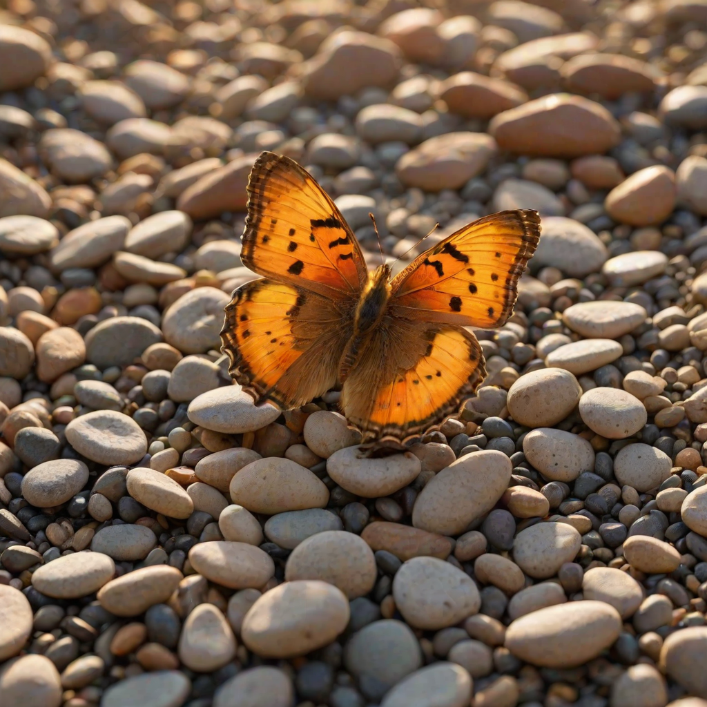 A vibrant orange and yellow butterfly with black markings is perched on a bed of small, brown pebbles in the warm, golden light of a setting sun. The butterfly is facing the viewer with its wings slightly raised, creating a sense of delicate movement. The background is a soft, blurred green and yellow, creating a gentle, natural atmosphere. The image is captured in a close-up perspective, focusing on the butterfly's intricate details and the warm glow of the sunlight.