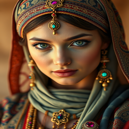 Create a portrait of a beautiful Arab woman with striking green eyes and a gentle expression. She is adorned in traditional attire with intricate patterns, including a richly embroidered headscarf and matching garments. Her jewelry includes a delicate headpiece, dangling earrings, and ornate bracelets, all featuring vibrant gemstones and detailed metalwork. The background is soft and warm, enhancing the rich colors of her outfit and jewelry.