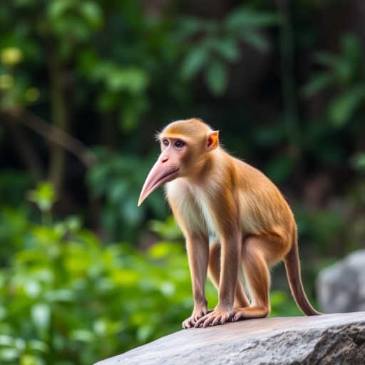 Create a high-resolution image of a proboscis monkey standing on a rock with lush greenery in the background, using a DSLR camera with a 200mm lens, f/2.8 aperture, ISO 100, and a shallow depth of field for a blurred background effect.
