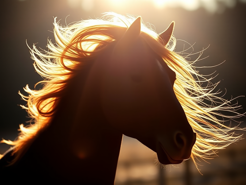 Regenerate the image of a horse silhouette with flowing mane, using a DSLR camera with a 50mm lens, aperture set at f/2.8, ISO 100, shot in natural light from a side angle to enhance details and contrast.