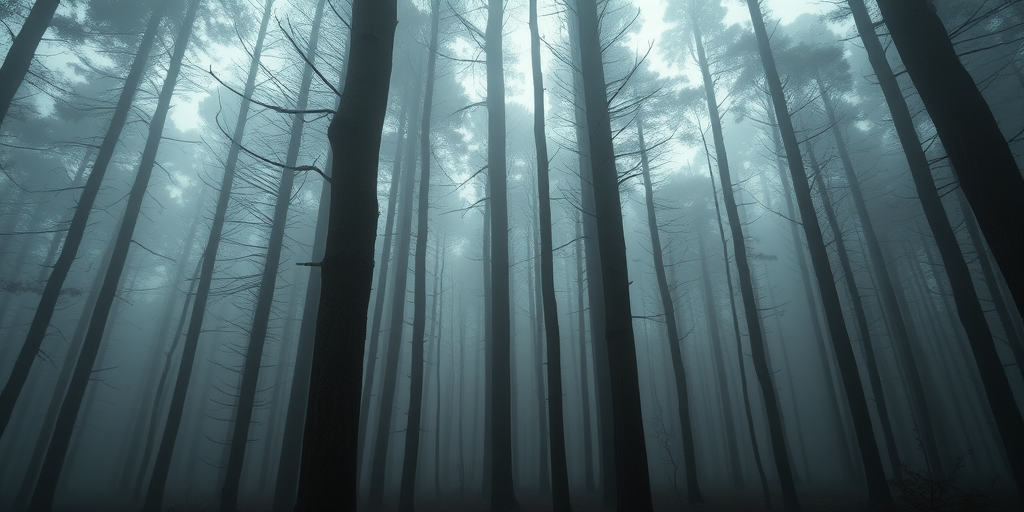 mystical forest with tall, slender trees shrouded in fog, low light, soft focus, captured with a Canon EOS 5D Mark IV, 50mm lens, f/1.8 aperture, ISO 100, 1/60 sec shutter speed, wide angle view, moody atmosphere