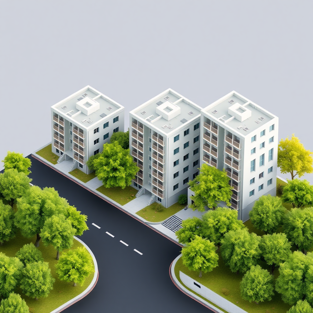 Create a high-resolution isometric illustration of three modern apartment buildings with flat roofs, surrounded by green trees and situated beside a black asphalt road, using a DSLR camera at f/8 aperture, ISO 100, 24mm lens, and capturing a perspective view for enhanced depth and clarity.