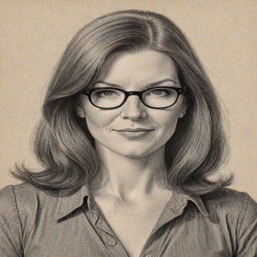 Bewitching Kate Flannery, pencil sketch, portrait of Lovely woman 1975s in glasses, hair style beatnik, outline, clear lines, fine lines, 8k